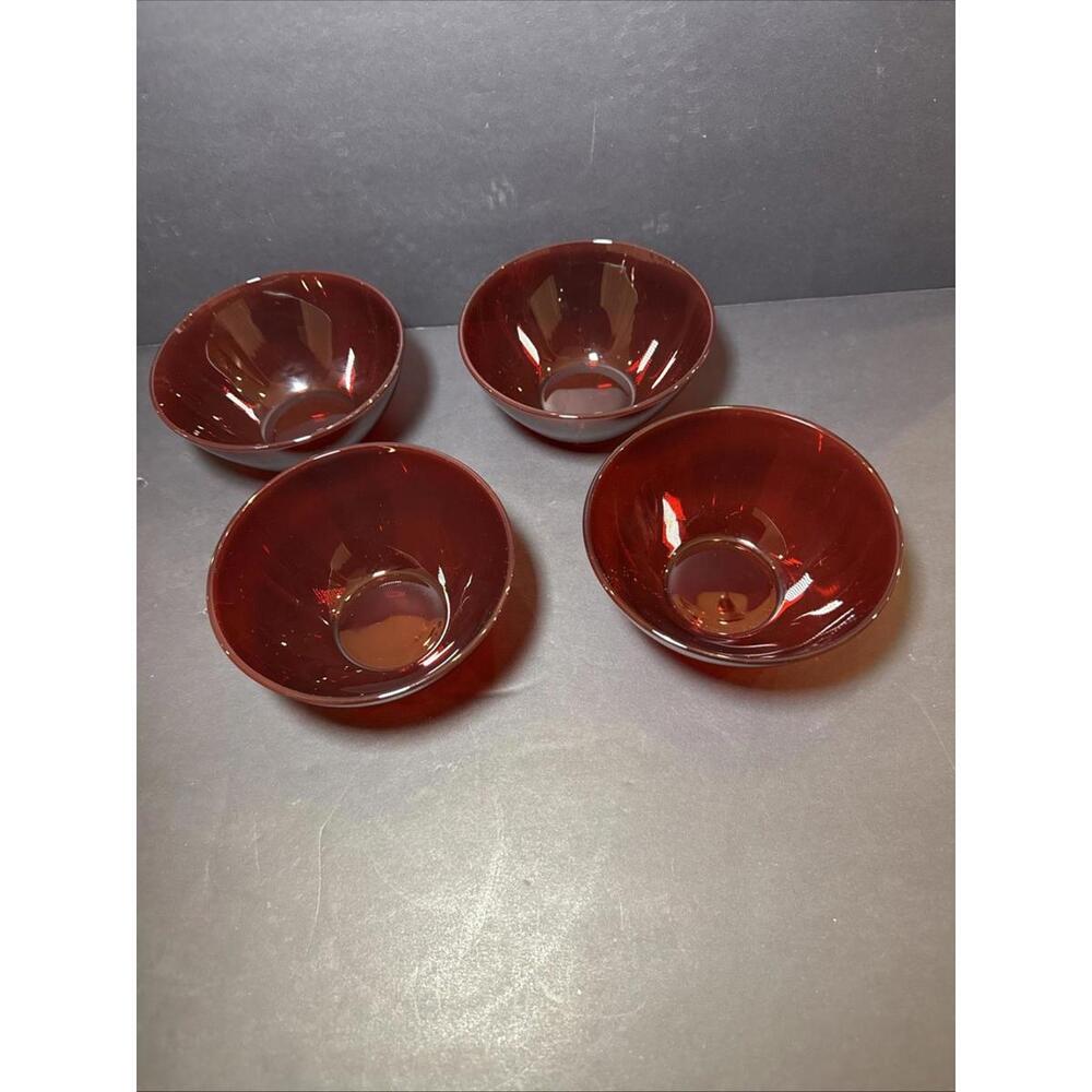 4 Vintage ARCOROC France FRUIT DESSERT BOWLS Ruby Red GLASS  5” X 2.25" Tall